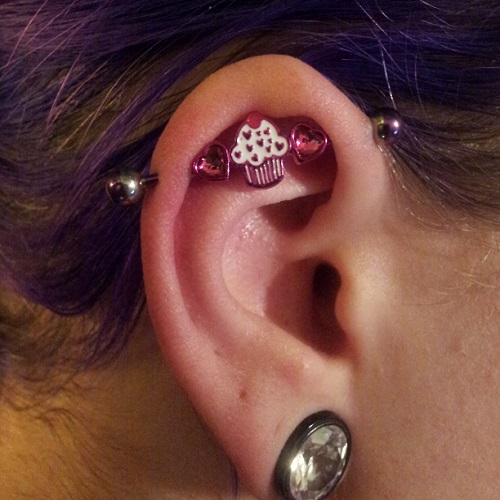 Steel Pinkstriped Industrial Barbell With Cupcake And Gemmed Hearts