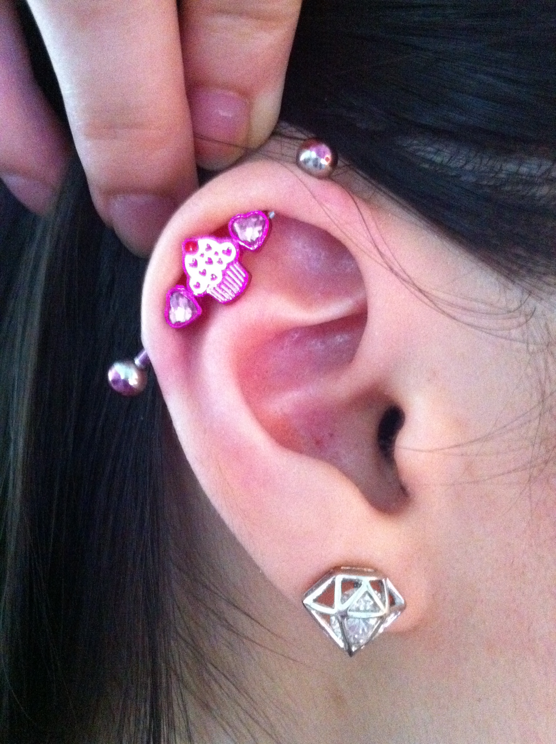 Steel Pinkstriped Industrial Barbell With Cupcake And Gemmed Hearts