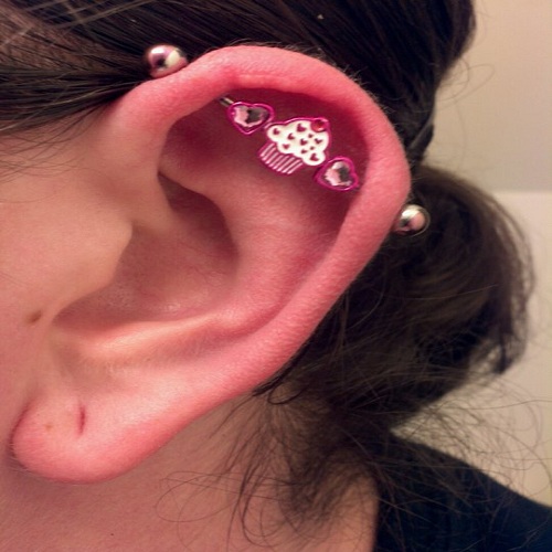 Steel Pinkstriped Industrial Barbell With Cupcake And Gemmed Hearts