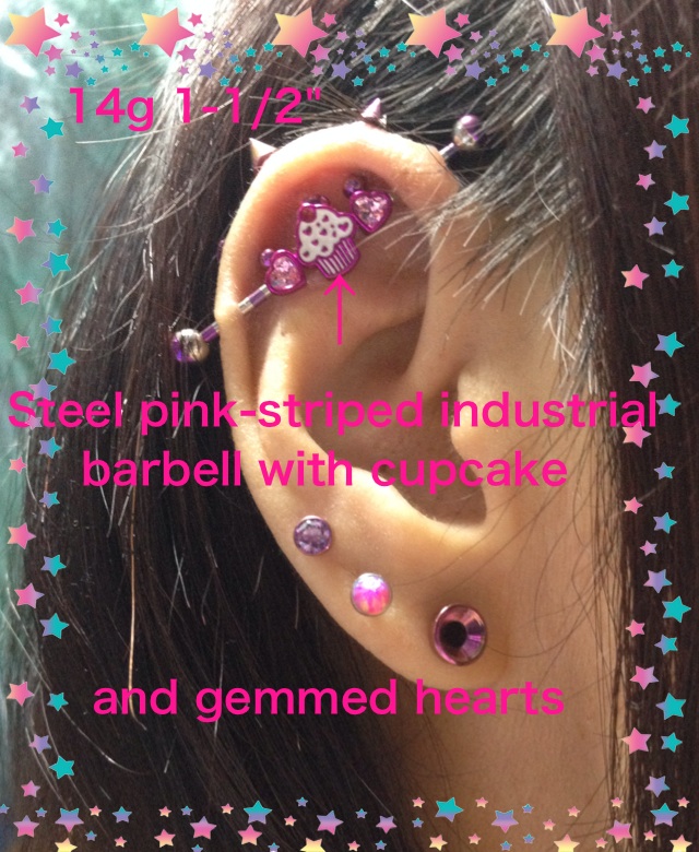 Steel Pinkstriped Industrial Barbell With Cupcake And Gemmed Hearts