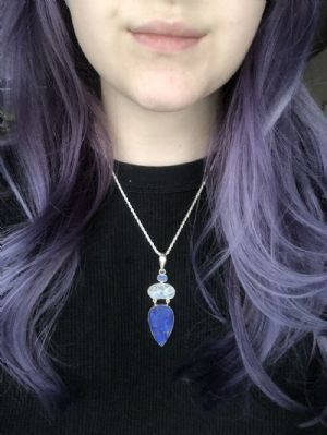 Rough Lapis with Rainbow Moonstone and Silver Necklace Customer Photo