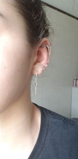 Dual Chained Huggie Earrings with Baguette Cut Gem Customer Photo