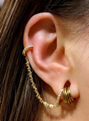 Huggie Earring with Gemmed Chain and Ear Cuff Customer Photo