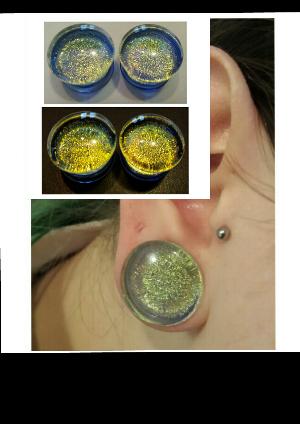 Double Flare Dichroic Foil Plugs (Gold On Translucent Light Blue) Customer Photo