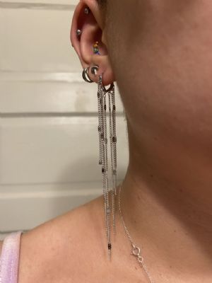 Silver Waterfall Dangle Huggie Earring Customer Photo